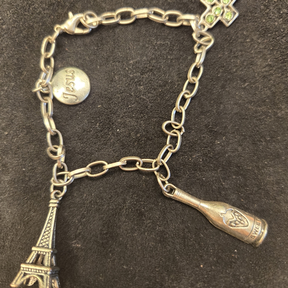 Silver Charm Bracelet with Eiffel Tower and Wine Bottle